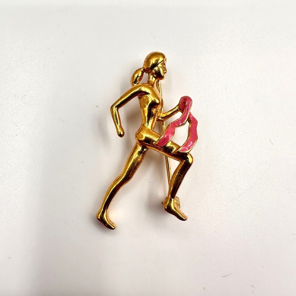 Vintage 90s Carolee Breast Cancer Awareness Pink Ribbon Runner Woman Brooch Pin